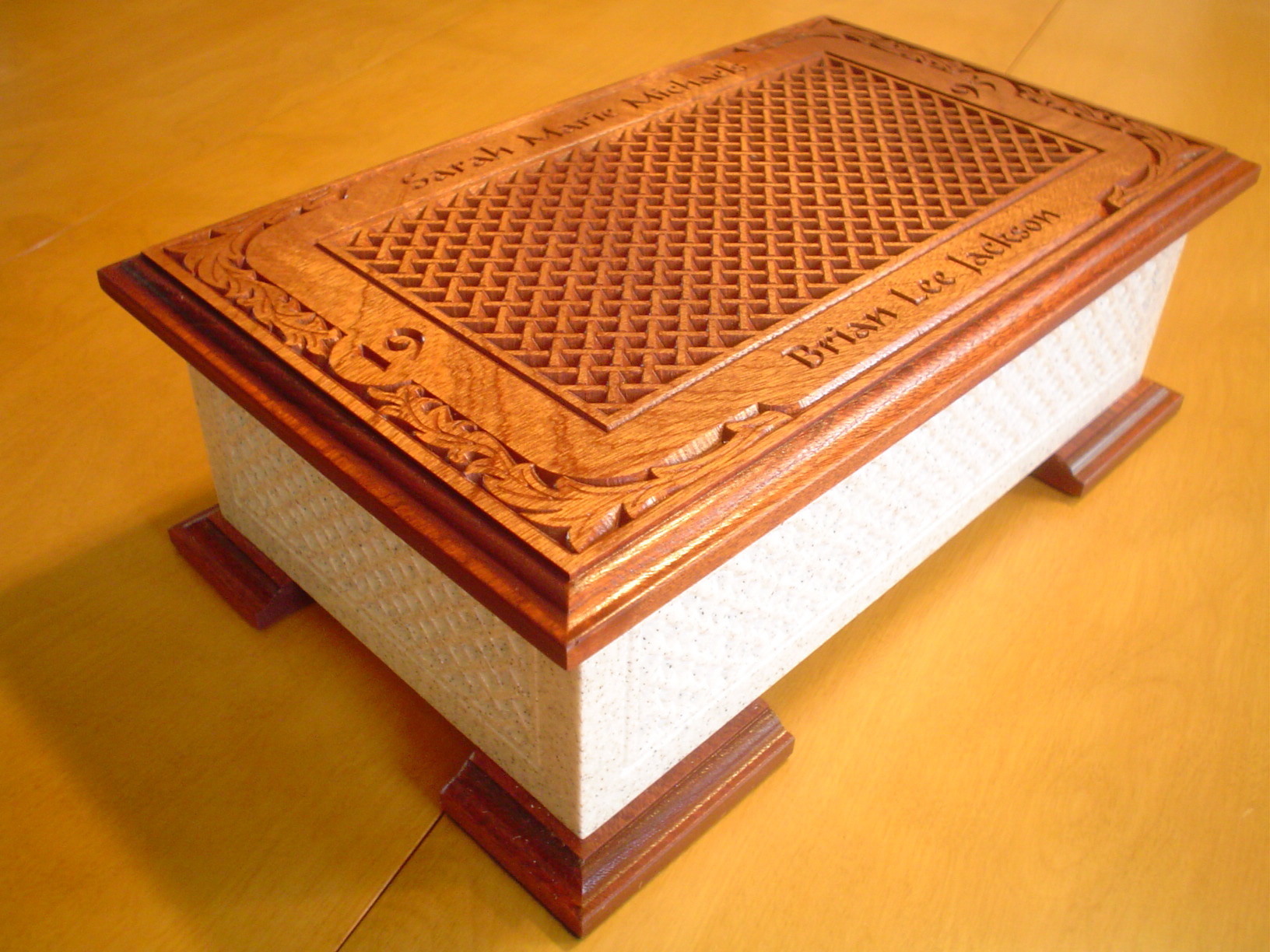 Engraved Corian and mahogany wedding box.